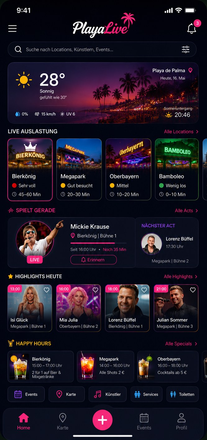 PlayaLive Home-Screen mit Live-Auslastung, Künstler-Line-up und Wetter für die Playa de Palma